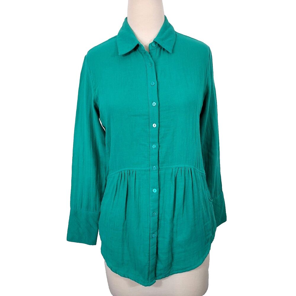 APNY Tunic Top Button Up Shirt Women Size Small Green Long Sleeve Pockets Blouse